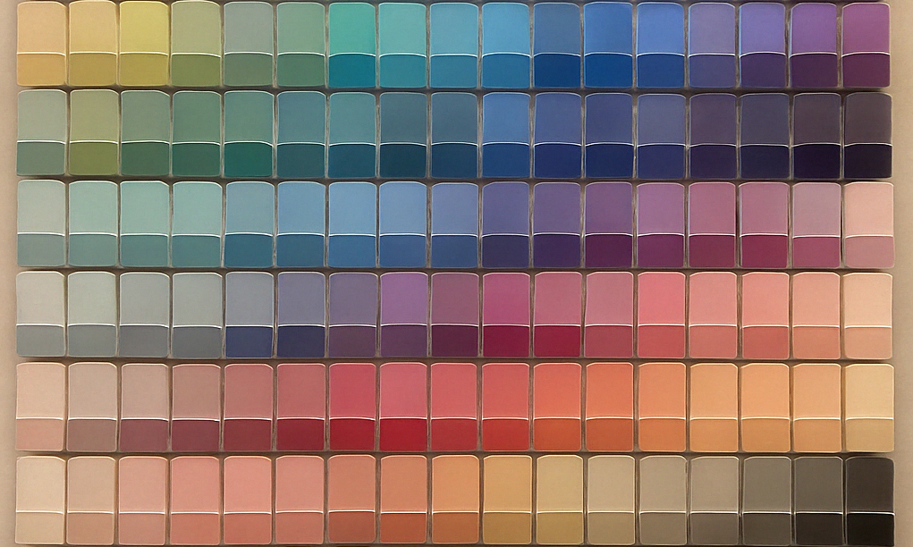 an image of a wall of swatches at a paint store, iphone shot Wall of Swatches, GPT-4o 2025