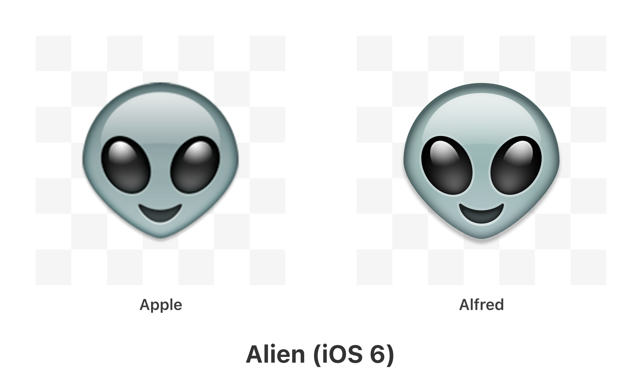 Alien Emoji Comparison; Apple 2012, Alfred R. Duarte 2022