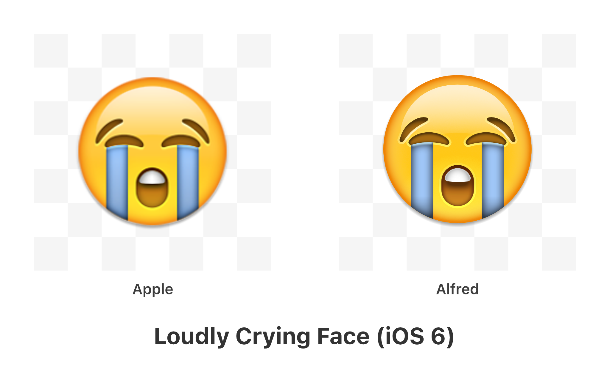Crying Emoji Comparison; Apple 2012, Alfred R. Duarte 2022