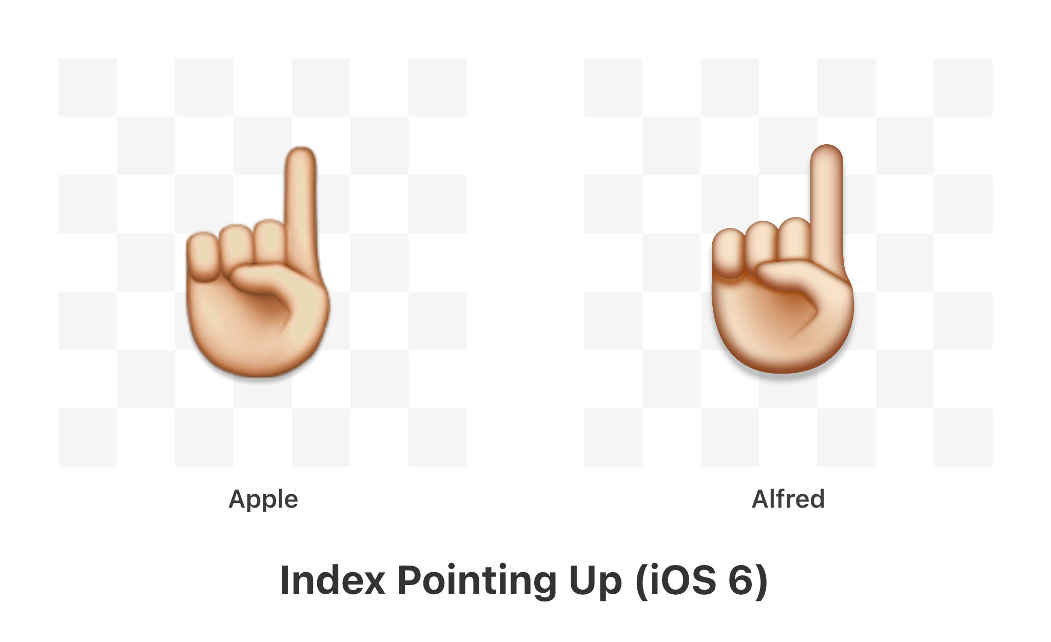 Index Pointing Up Emoji Comparison; Apple 2012, Alfred R. Duarte 2022