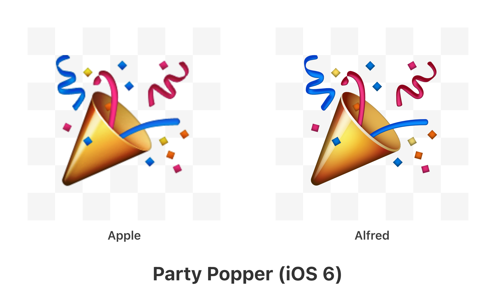 Party Popper Emoji Comparison; Apple 2012, Alfred R. Duarte 2022